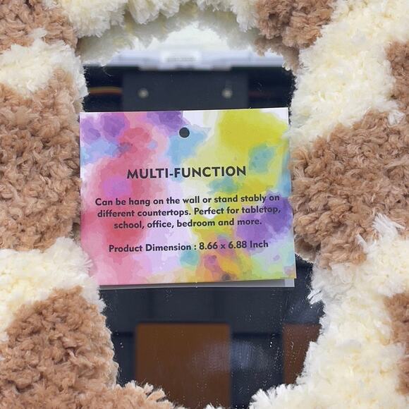 Furry Tufted Framed Mirror - NWT - Wall or Desktop Dorm Room Decor - White Tan - Picture 9 of 11